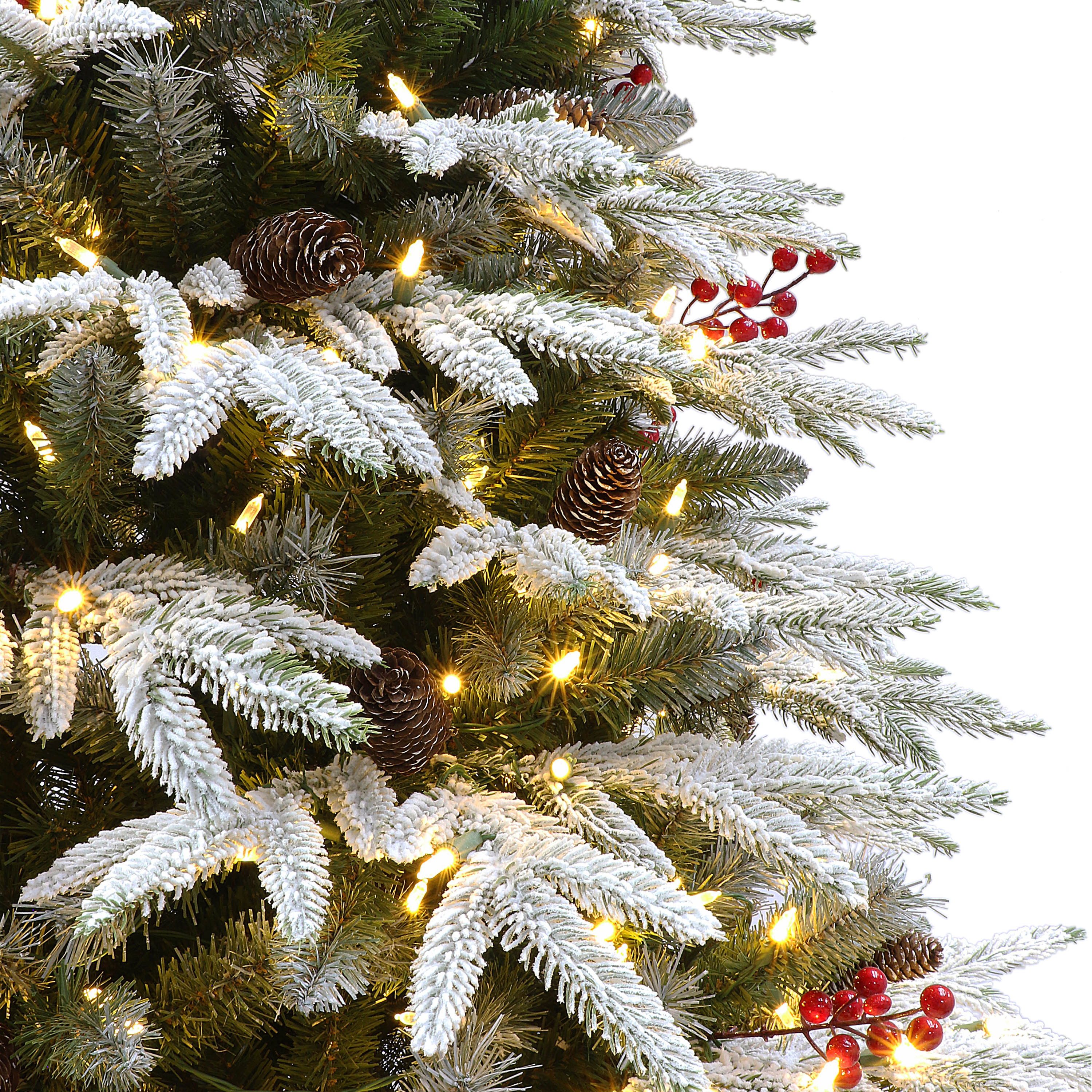 7.5ft Pre-lit Flocked Halifax Fir Christmas Tree 700 Dual Color LED Lights On/Off Foot Pedal Pinecones & Red Berries Metal Stand Green